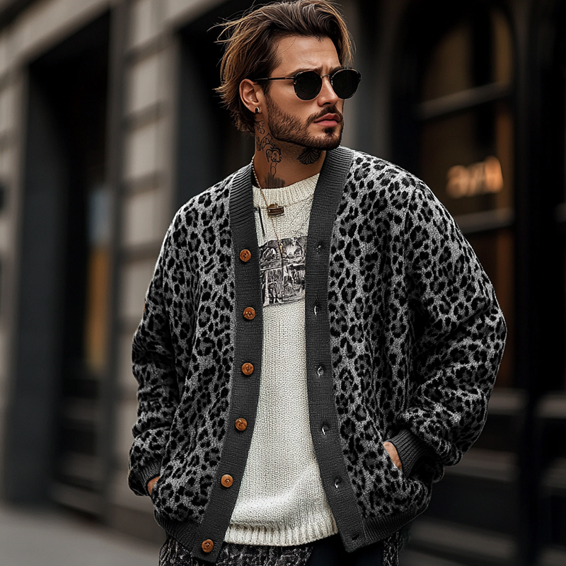 【24-hour shipping】Men's Vintage Leopard Jacquard Colorblock Single Breasted Cardigan 23865460Y