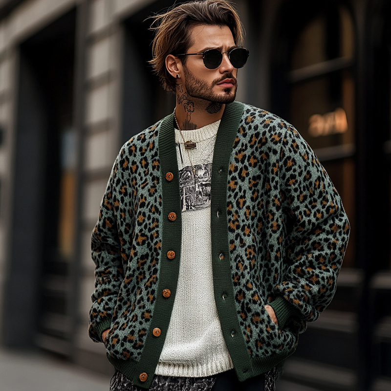 【24-hour shipping】Men's Vintage Leopard Jacquard Colorblock Single Breasted Cardigan 23865460Y