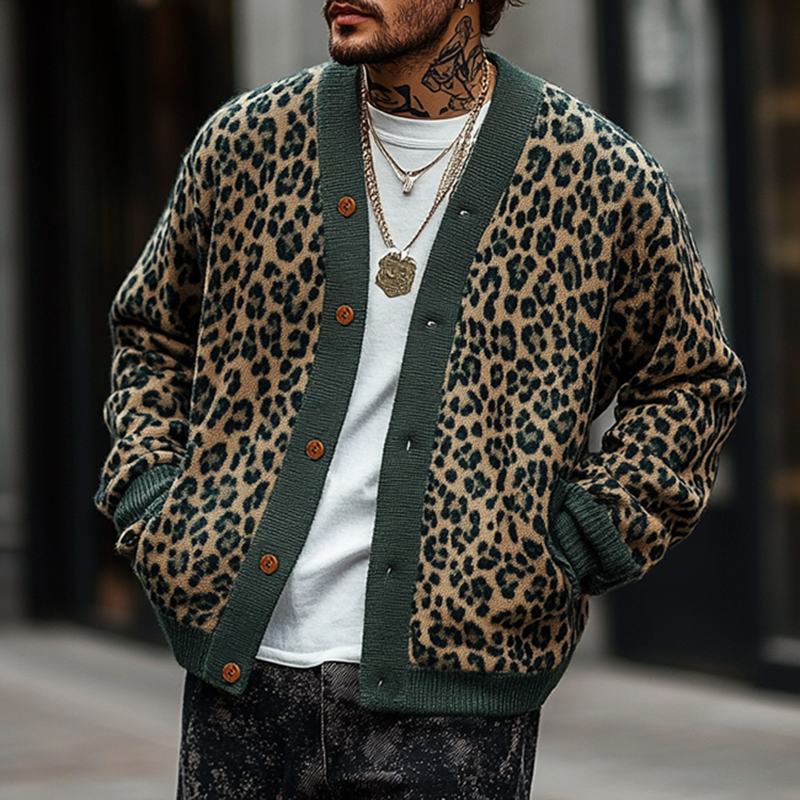 【24-hour shipping】Men's Vintage Leopard Jacquard Colorblock Single Breasted Cardigan 23865460Y