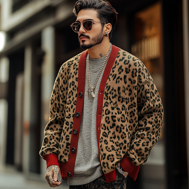 【24-hour shipping】Men's Vintage Leopard Jacquard Colorblock Single Breasted Cardigan 23865460Y
