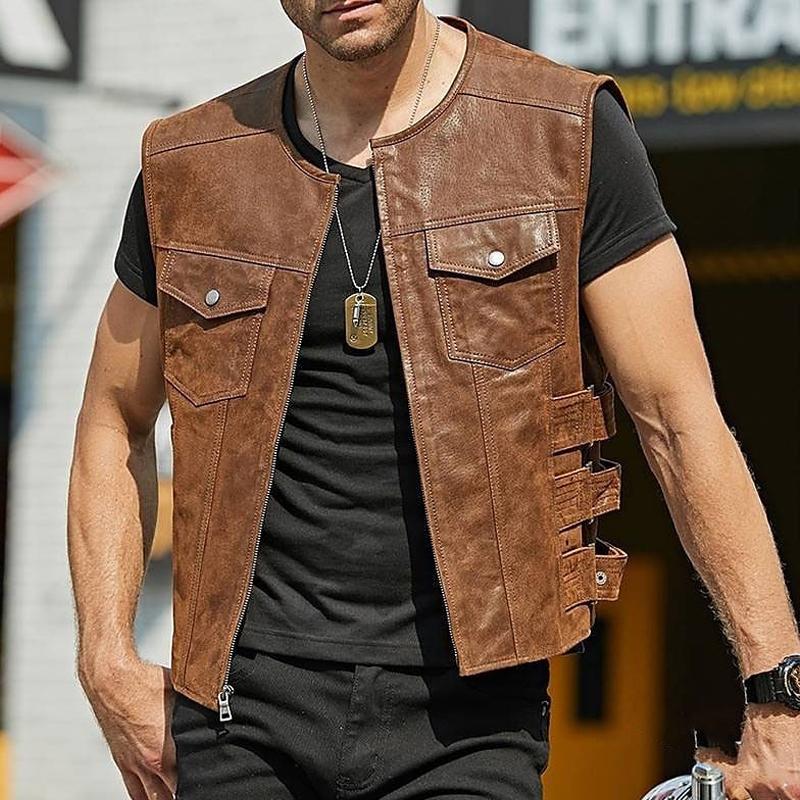 Men's Vintage Solid Color Chest Pocket Collarless Leather Vest 89985087Y