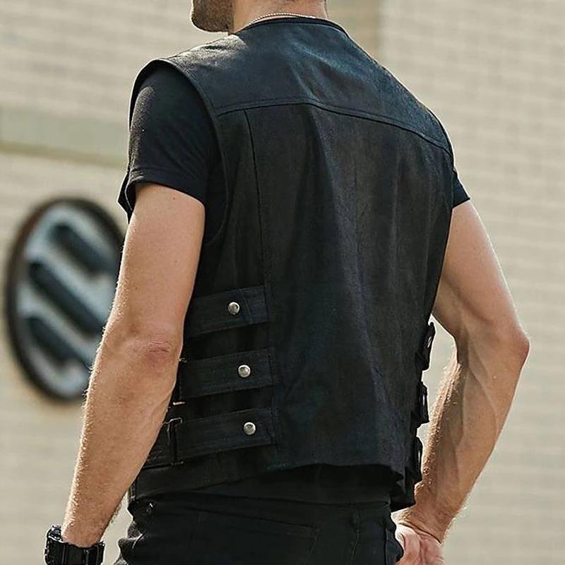 Men's Vintage Solid Color Chest Pocket Collarless Leather Vest 89985087Y