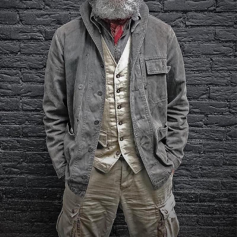 【24-hour shipping】Men's Vintage Solid Color Multi-Pocket Printed Jacket 14680018X