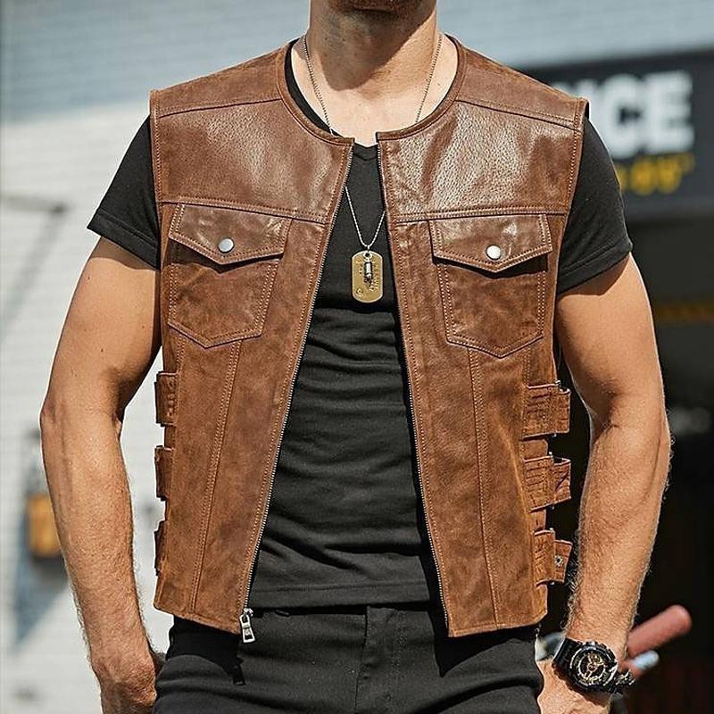 Men's Vintage Solid Color Chest Pocket Collarless Leather Vest 89985087Y