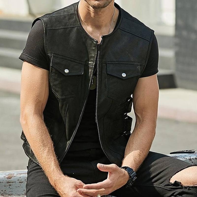 Men's Vintage Solid Color Chest Pocket Collarless Leather Vest 89985087Y
