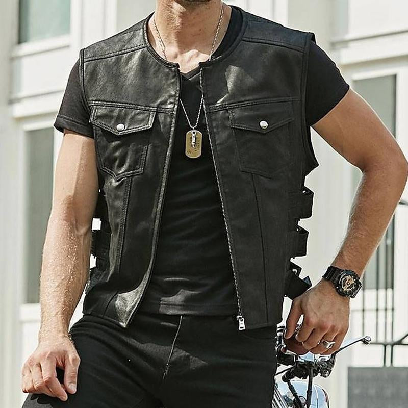 Men's Vintage Solid Color Chest Pocket Collarless Leather Vest 89985087Y