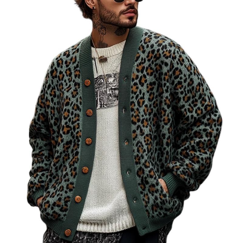 【24-hour shipping】Men's Vintage Leopard Jacquard Colorblock Single Breasted Cardigan 23865460Y